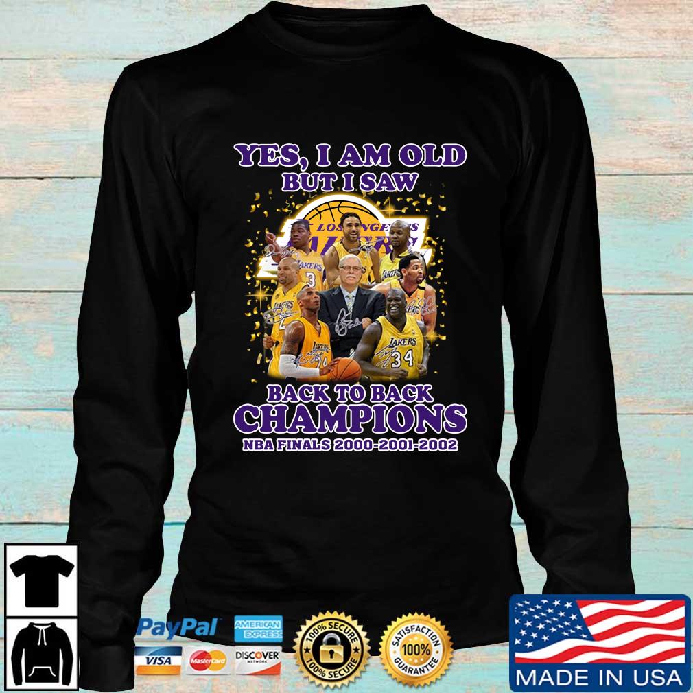 Yes I am old but I saw Los Angeles Lakers back to back champions NBA finals  2000 2021 2002 signatures shirt,Sweater, Hoodie, And Long Sleeved, Ladies,  Tank Top